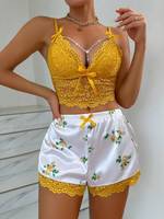 Set Piyama Wanita Seksi Berbahan Satin dengan Renda, Atasan Camisole dan Celana Pendek, Pakaian Tidur Dua Potong, Lingerie Modis untuk Butik
