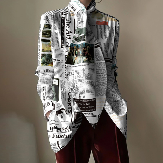 Autumn Vintage Style Blouses & Tops Loose Leaf Print Long Sleeves & Stand Collar Casual Summer Fashion