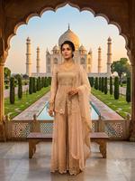 Salwar Kameez Tradisional India yang Indah, Model Slim Fit, Bordir Payet, Anti Kusut, Panjang Selutut, Dilengkapi Atasan dan Celana Plazzo, Melindungi dari Sinar Matahari