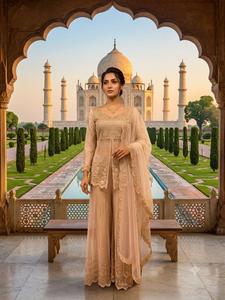 Hermoso y elegante conjunto tradicional indio de salwar kameez con bordados y lentejuelas, top, pantalón palazzo y dupatta para bodas y fiestas. - Product Image 3