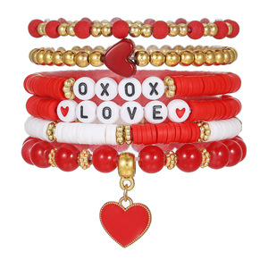 Valentine's Day Beaded <b>Bracelet</b> Set <b>Red</b> Heart Pendant Jewelry Gift for Women Fashion Accessories - Product Image 5