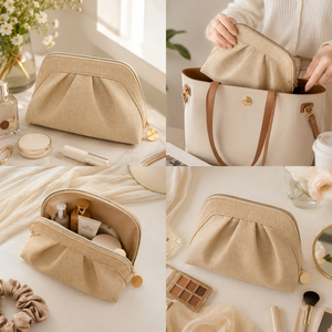 Élégante Trousse de Maquillage Plissée en Polyester Effet Lin Pailleté Champagne avec Fermeture Éclair Dorée Personnalisable pour Voyage et Rangement de Produits de Beauté - Product Image 5