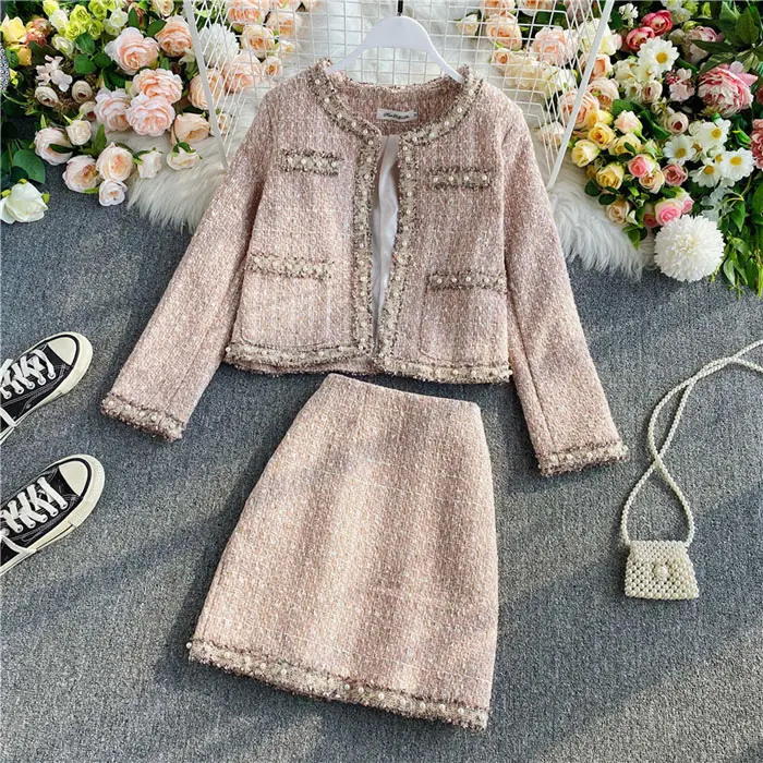 LY5047 Nouveau 2023 Korean Chic Sweet Design Solid Color Tweed Jacket And Skirt Set Women Elegant Soft Twill Two Pieces Sets 5