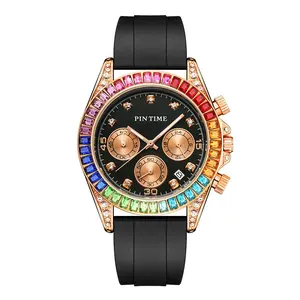 Luxe Merk Pintime Quartz Chronograaf Rainbow Diamond Horloges Mannen Pols Bling Hip Hop Iced Out Horloge