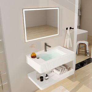 Mobile Bagno Moderno Minimalista con Lavabo in Pietra Artificiale, Montaggio a <span class=keywords><strong>Parete</strong></span>, Doppio Strato Integrato Senza Giunture, Effetto Pelle - Product Image 2
