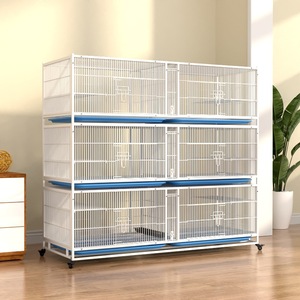 Cage d'élevage d'oiseaux <span class=keywords><strong>empilable</strong></span> grande taille, 4 niveaux, 8 unités, en fil métallique blanc avec plateau bleu et support roulant pour canaris, perruches et agapornis - Product Image 4