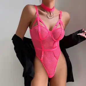 Pink Temptation Mesh Breathable Japanese Mature Woman Sexy Lingerie High Waist Strap Wire Fun Lace Lingerie Bodysuit