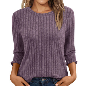 Chemise d'été en tricot à col rond confortable pour femmes, tissu extensible doux et respirant, chemisier décontracté - Product Image 3