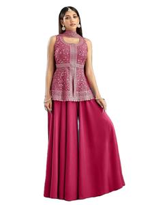 ชุดปาลาซโซสไตล์อินโด-เวสเทิร์นสำหรับผู้หญิง พร้อมเสื้อเปปลัมปักลายแบบไม่มีแขน เหมาะสำหรับงานเลี้ยงฉลองต่างๆ - Product Image 2