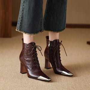 Mùa Đông Đỉnh Cao Của Phụ Nữ Cao Gót Da Chính Hãng Mắt Cá Chân Khởi Động Thoáng Khí Màu Nâu Booties Với Zip Đóng Cửa Cao Top Nhựa Đế Ngoài - Product Image 3
