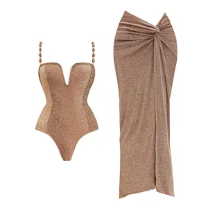 3 pz costume da bagno Push up con gonna lunga Sexy da donna Bikini da donna con scollo a V costume da bagno lucido - Product Image 1