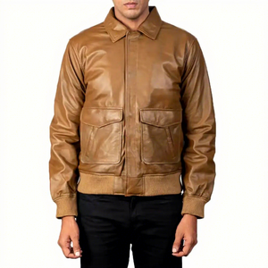 <b>Mens</b> Real Brown <b>Leather</b> Bomber <b>Jacket</b> Shirt Collar Hidden Zip Flap Pockets Sheepskin A2 Flight Coat Custom Tan Aviator Outerwear - Product Image 1