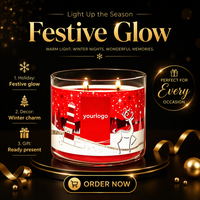 Bougie parfumée de Noël en gros sous marque privée, 3 mèches, pot en verre rouge joyeux, motif renne, parfum d'ambiance pour la maison, en vrac