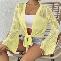 Einheitsgröße Damen Strick-Cardigan mit Schleifenärmeln und Trompetenärmeln, gewebter Pullover als Bikini-Überwurf
