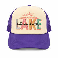 Casquette de camionneur brodée 'Take Me to the Lake', casquette de baseball en maille crème et violette, fournisseur en gros de logos personnalisés OEM ODM