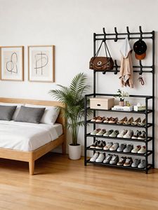 Appendiabiti in Metallo Nero con Ganci + Scaffalatura a Quattro Livelli, Mobile Multifunzionale per Ingresso |    Appendiabiti e scarpiera tutto in uno - Product Image 5