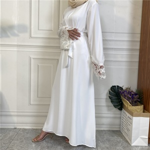 Solid Color Closed Lace Abaya Design <b>Maxi</b> Dress With Matching Floral Lace Sleeve and Front Zipper for Islamic Dubai Muslim Women - Product Image 6