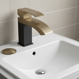 Robinet de lavabo à poignée unique en laiton brossé avec bec cascade, siphon escamotable, monotrou, à poser sur le comptoir, design moderne - Product Image 2