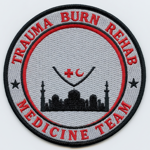 Écusson en tissu brodé thermocollant circulaire, motif Équipe Médicale de Réadaptation des Brûlures et Traumatismes, Abu Dhabi EAU, en matériau tissé - Product Image 1