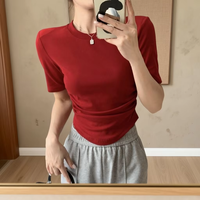T-shirt tricoté uni respirant à manches courtes et épaulettes pour femme, style décontracté, plissé, décolleté, idéal pour l'été