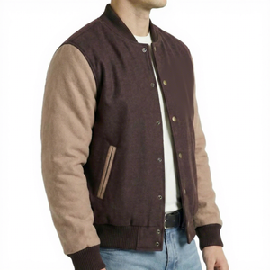 Chaqueta Varsity para Hombre, Color Marrón Oscuro, Mangas Color Bronceado, Mezcla de Lana, Cierre de Botones, Estilo Casual, para Otoño, Corte Regular, Color Sólido, Cuello Camisero - Product Image 6