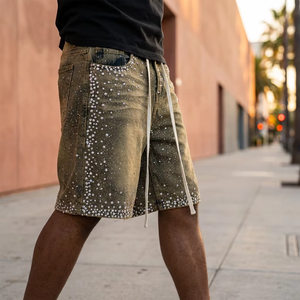 Custom <strong>Men</strong> Full Rhinestone Denim Shorts Casual Baggy Beading Acid Washed Vintage Jorts - Product Image 2