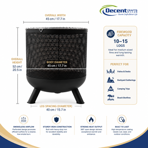 Brasero Portátil de Hierro para Exteriores, Negro Mate, Cilíndrico, con Cuerpo Perforado, Tazón Curvo Sólido y 3 Patas - Product Image 2