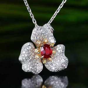 <b>Solid</b> 18K <b>Gold</b> Three-Leaf <b>Pendant</b>, 0.62ct Unheated Natural Pigeon Blood Ruby, 0.51ct South African Diamond Accents - Product Image 2