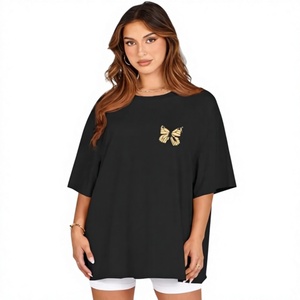 Camiseta Negra Oversize de Manga Corta con Cuello Redondo y Bordado de Mariposa Dorada para Mujer, Ajuste Holgado, Top Casual de Primavera Verano - Product Image 1