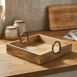 Bandeja de servir rectangular minimalista de madera con asas de metal para uso en cocina, hogar, hotel, restaurante, decoración de mesa - Product Image 1