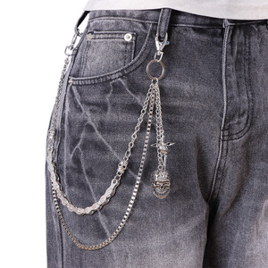 yueli Double Layered Metal Pants Chain With <b>Skull</b> And Cross Pendant Tibetan Silver Waist Chain For Hip Hop Casual Style - Product Image 5