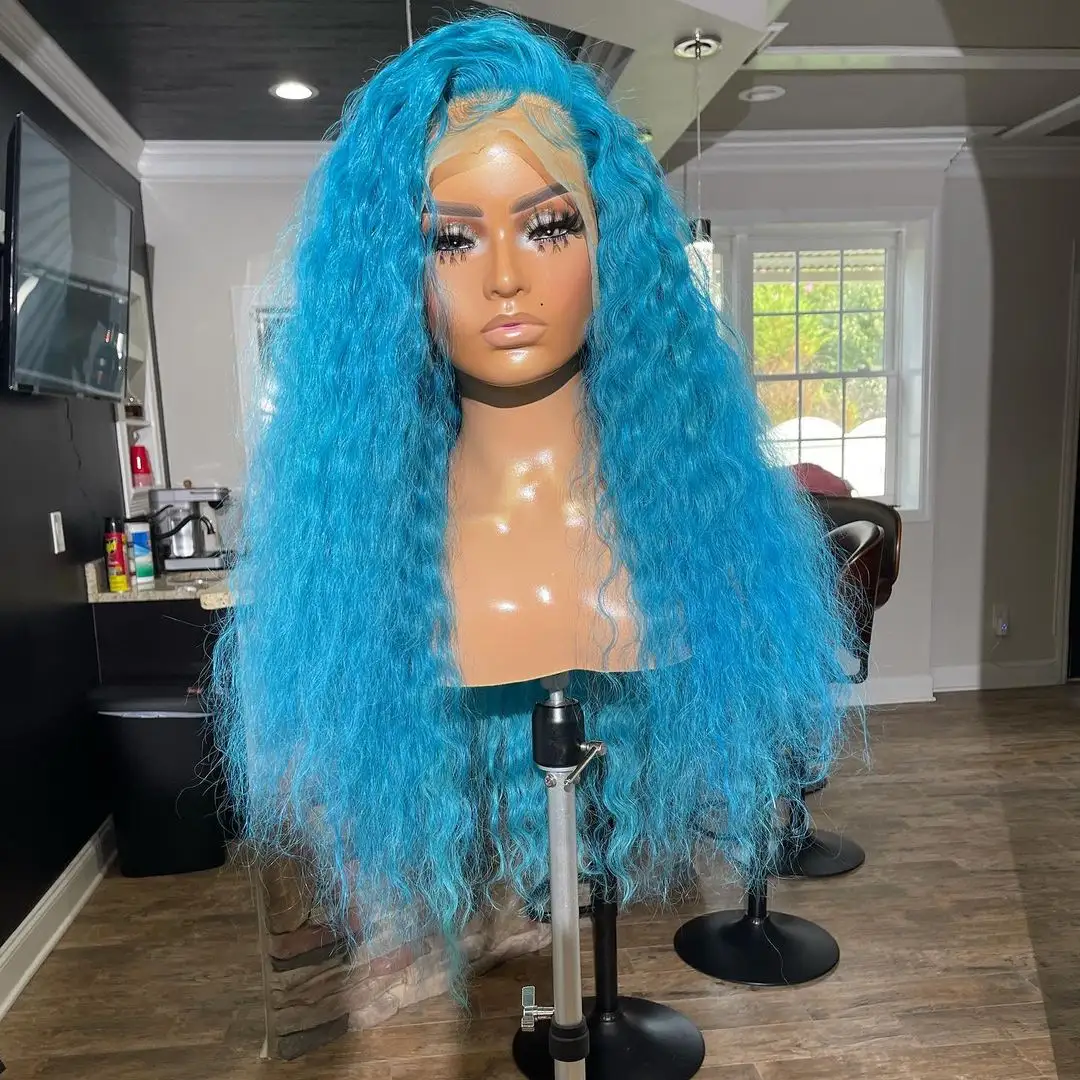 Factory Colored Blue Brazilian Human Hair Lace Front Wigs Deep Wave Cuticle Aligned Hair Frontal Transparent Wig For Black Woman