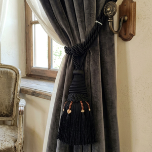 Elegant Black Velvet Curtain Tiebacks with <b>Braided</b> Rope and Tassel Decor Traditional Style Antique Finish - Product Image 1