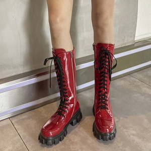 Bottes hautes pour femmes en cuir verni effet miroir, bout rond, plateforme, fermeture éclair latérale, talon épais, bottes longues pour femmes - Product Image 2