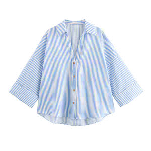 <span class=keywords><strong>Camicia</strong></span> da <span class=keywords><strong>donna</strong></span> con stampa a righe in raso a maniche lunghe da <span class=keywords><strong>donna</strong></span> per primavera/estate Versatile con maniche arricciate larghe con accesso a bottoni Casual - Product Image 6