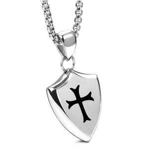 Collier pendentif bouclier en acier inoxydable, croix gravée au laser, bijoux unisexe tendance, design géométrique 45MM - Product Image 5