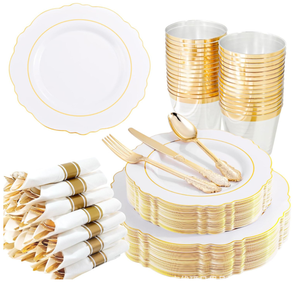 Assiettes Jetables en <span class=keywords><strong>Plastique</strong></span>, Cannelées, Bord Doré, pour Dîner, 19 cm et 26 cm, Ensemble de <span class=keywords><strong>Vaisselle</strong></span> de Fête - Product Image 4