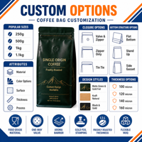 Sachet d'emballage alimentaire personnalisé imprimé pour café, pochette à fond plat mat avec valve et fermeture éclair, sac de luxe minimaliste pour grains de café et aliments pour animaux de compagnie