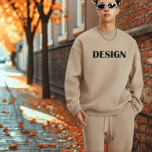 Sweat-shirt à col rond surdimensionné pour homme, 100% coton, tissu molletonné français, imprimé avec des lettres, pull décontracté d'automne, beige, bleu, option disponible - Product Image 2