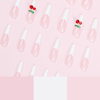Uñas Postizas Largas Estilo Ataúd, 24 Piezas, Color Nude Blanco Francés, con Pedrería Roja Cereza 3D, Brillantes, para Mujer, Uso Diario y Fiestas de Verano
