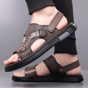 Sandales plates d'été pour hommes, bout ouvert, dessus en PU, semelle extérieure en caoutchouc antidérapante, chaussures de plage décontractées - Product Image 2