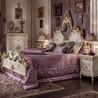 Lit à baldaquin en bois sculpté de style baroque français antique, lit de princesse vintage européen peint, lit de mariage en bois massif de style palais