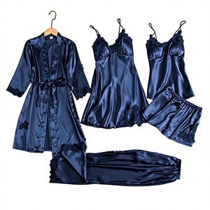 <b>Women</b> Satin <b>Robe</b> Set 4 Piece Long Sleeve Lace Trim Sleepwear Elegant Nightdress Pajamas Full Length Solid Color Autumn Wear - Product Image 1