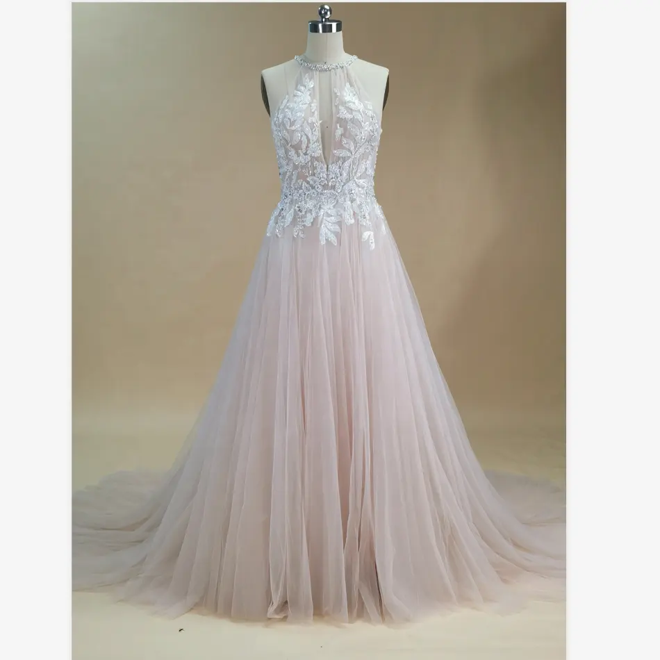 تصميم جديد الرسن العميق الخامس الرقبة مثير a-line فستان الزفاف