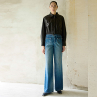 Jean évasé vintage délavé pour femme avec ceinture tressée, taille haute et double poche plaquée en denim