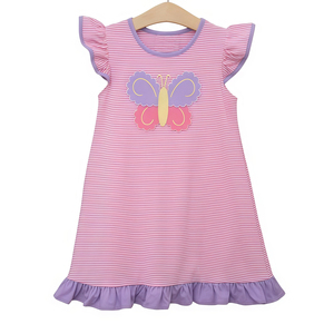 Vestido de Verano para Niña, Modelo GSD3558, Personalizado, Color Rosa y Morado, Estampado de Mariposas, Largo hasta la Rodilla, con Rayas, Sin Mangas, para Pascua, Venta al por Mayor - Product Image 1