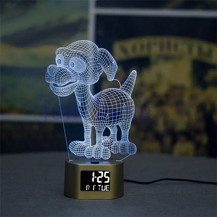 ماكينة صنع المقبس الحائطي للأطفال القابل للتعتيم على شكل ساعة بضوء ليلي على شكل وحيد القرن وإضاءة led ثلاثية الأبعاد بخداع بصري