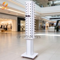 Mall-Ready Rotating Sunglass Display Stand, Light Blue Floor Rack with Casters for Eyewear Merchandising
