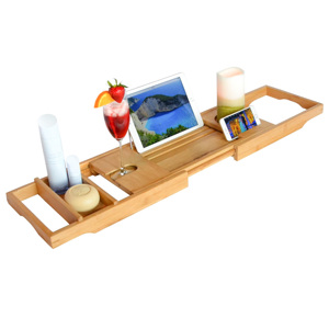 Luxury Spa Bathroom Organizer Bamboo Bathtub Caddy <strong>Tray</strong> Extendable <strong>Bath</strong> Tub <strong>Tray</strong> with Wine Glass &amp; Device Holder - Product Image 3