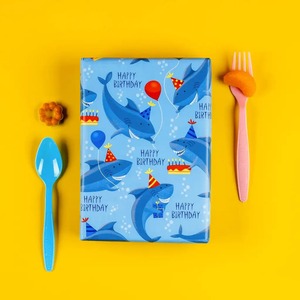 Custom Eco-Friendly Birthday Theme Gift Wrap <b>Paper</b> Roll Blue <b>Red</b> Balloons Party Hats Double Sided Coated Art <b>Paper</b> 100GSM - Product Image 6